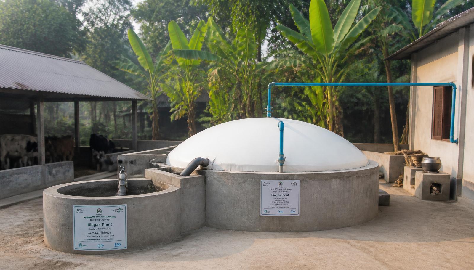 পারিবারিক বায়োগ্যাস প্ল্যান্ট ও ধোঁয়ামুক্ত রান্নাঘরের দৃশ্য